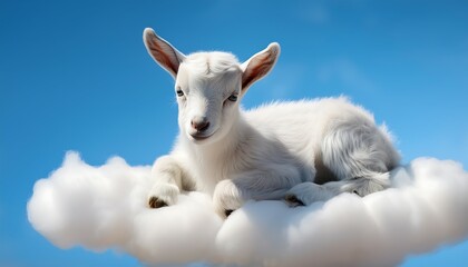 Serene moment of a baby goat sleeping on a cloud beneath a radiant blue sky