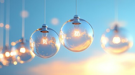 A row of spherical light bulbs hanging outdoors, glowing softly against a bright blue sky, captured with a sharp focus on a single bulb.