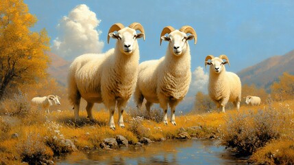 Fototapeta premium Majestic Rams and Ewes Grazing Serenely by Autumnal Stream in Mountain Landscape
