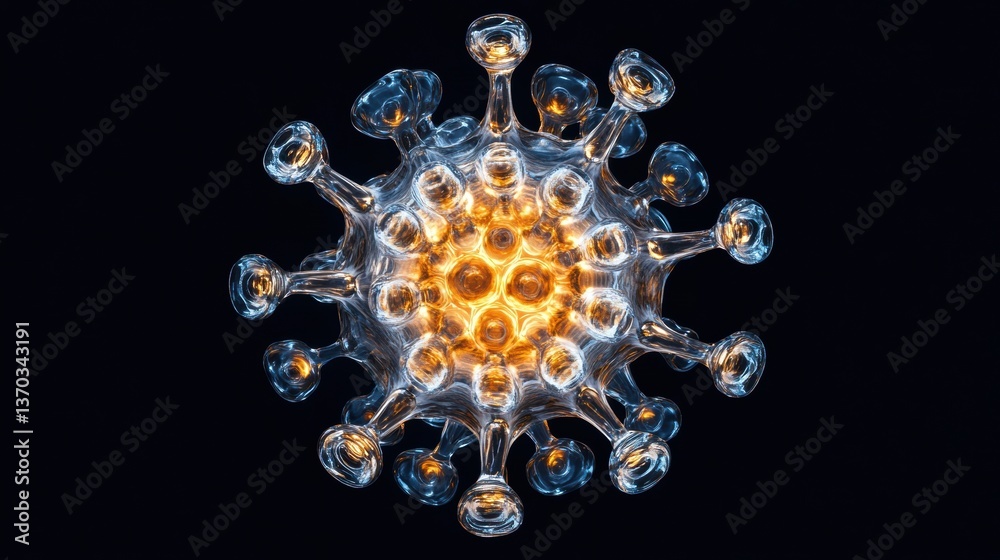 Aufkleber detailed 3d rendering of adeno-associated virus in glowing biofluid showcasing intricate viral struc