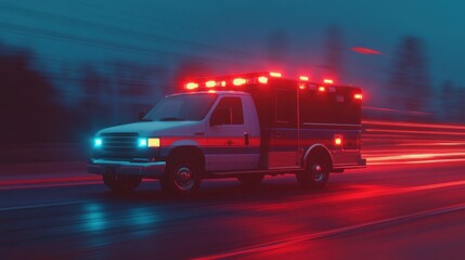 Emergency medical response vehicle with flashing lights speeding through a city at night, showcasing urgency and action in a blurred motion effect