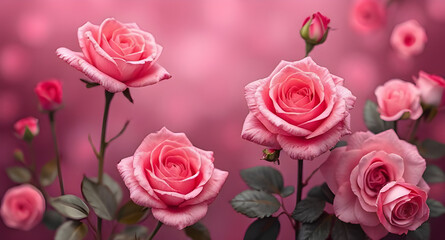 A collection of pink roses with a pink background