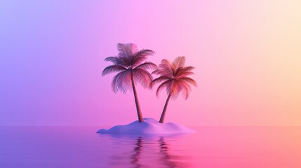 Serene Tropical Island with Twin Palm Trees at Sunset Reflecting on Calm Waters in Vibrant Shades of Purple and Pink