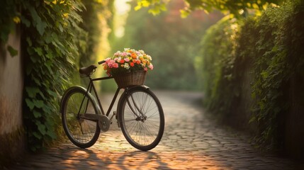 Fototapeta premium Vintage Bicycle Surrounded by Lush Greenery and Colorful Flowers on a Serene Cobblestone Pathway in Soft Morning Light
