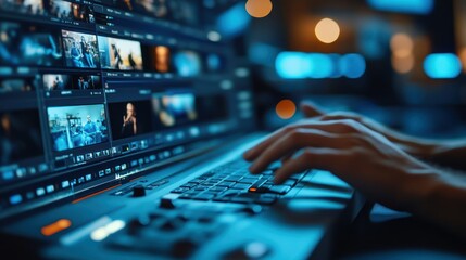 Night Video Editing Session: A Close-Up of Hands Typing on a Laptop with a Video Editing Software Interface Displaying Multiple Video Clips