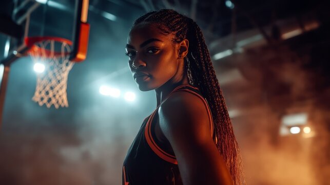 Capturing the intensity of a female POC basketball player practicing under the backboard.