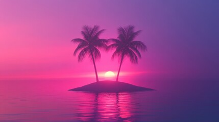 Idyllic Sunset Over Tropical Island with Silhouetted Palm Trees and Calm Waters Creating a Dreamy Paradise Atmosphere for Relaxation and Travel Inspiration