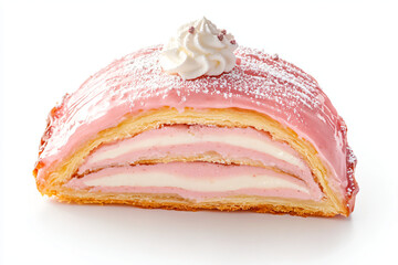 a piece of cake with a whipped cream on top