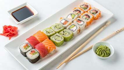 Sushi and rolls, on a white plate, wasabi