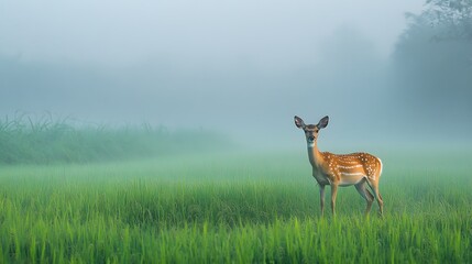 A lone deer standing at the edge of a misty rice paddy, surrounded by morning fog
