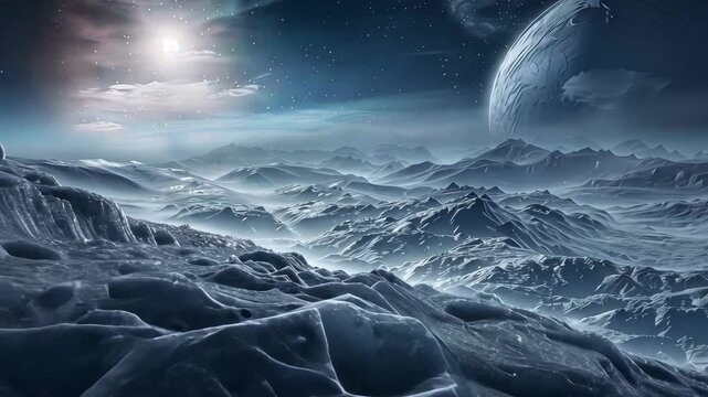 Breathtaking Landscape of Distant Planet Icy Mountains Under Starry Sky, Capturing Beauty of Celestial Bodies and Mysteries of Universe and Nine Planets.
