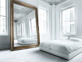 Fototapeta premium Gorgeous large gold-framed mirror leaning against the wall of an empty white bedroom with a modern bed and pillows. Soft daylight streams through the windows, wide angle.