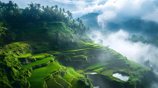 A floating rice field in the clouds, with waterfalls cascading off the terraces