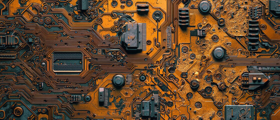 A close-up view of a complex circuit board featuring intricate patterns, components, and a rusty orange color scheme.