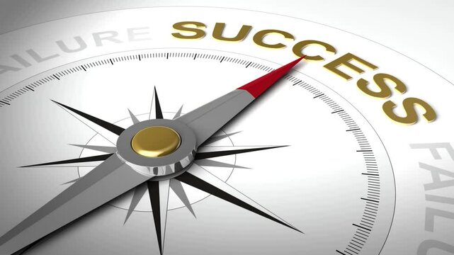 3d animation of abstract compass with needle pointing the word success