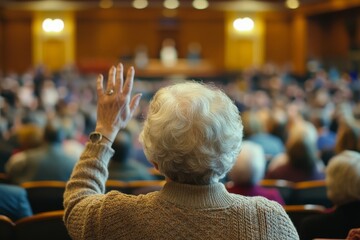 Fototapeta premium Senior woman actively participating in a town hall meeting.
