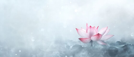 Serene Pink Lotus Flower Emerging from Misty Waterscape