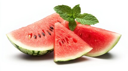 Red Watermelon Slices with Fresh Mint Leaves on White Background