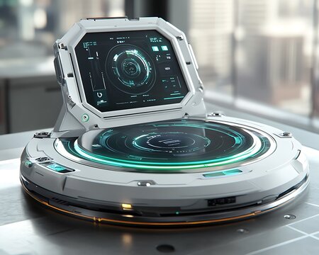 Futuristic Device on Table, Urban Setting