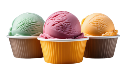 Colorful Ice cream balls in paper cup Isolated On PNG Transparent and White Background 