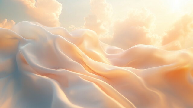 Premium cosmetic product marketing background design - serene and ethereal cosmetic backdrop with soft pastel clouds and golden sunlight filtering through, with gentle waves of silk fabric