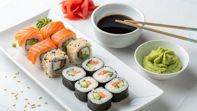 Sushi and rolls, on a white plate, with sauces