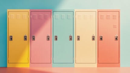 Colorful lockers in a modern setting, showcasing vibrant pastel shades against a minimalist backdrop with sunlight casting soft shadows, ideal for youth themes.