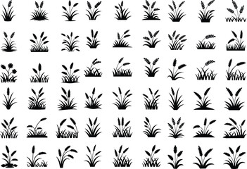 Vector set of green grass silhouettes isolated on white background. Natural, eco, bio, organic. Realistic green grass. Bushes of fresh greens. Spring meadow. Summer lawn. Glade with plants. grass 