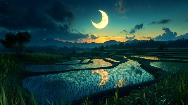 A mystical rice field glowing under the light of twin moons - Powered by Adobe