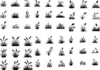 Vector set of green grass silhouettes isolated on white background. Natural, eco, bio, organic. Realistic green grass. Bushes of fresh greens. Spring meadow. Summer lawn. Glade with plants. grass 