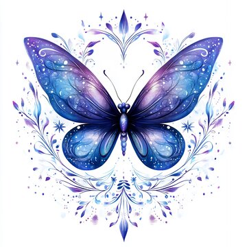 Blue Purple Watercolor Butterfly Floral Design Elegant Nature Wings Insect Art Graphic soft magic fairy image spring summer vector modern