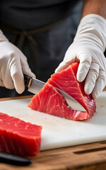 A chef cut a piece of tuna on a cutting board.