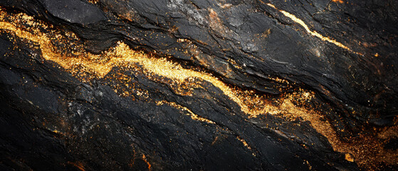 A stunning black stone surface with a shimmering gold vein, showcasing a unique contrast between dark and bright elements.