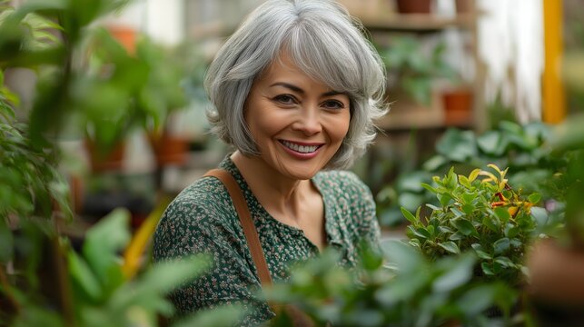 Influencer shares engaging gardening tips in vibrant plant nursery showcasing lush greenery and fresh blooms during sunny afternoon