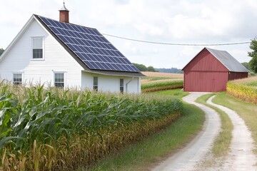 Obraz premium Charming White Farmhouse and Red Barn with Solar Panels in Lancaster, Pennsylvania, Renewable Energy in Rural Setting, Clean Power, Solar Photography, Sustainable Agriculture, Energy Source