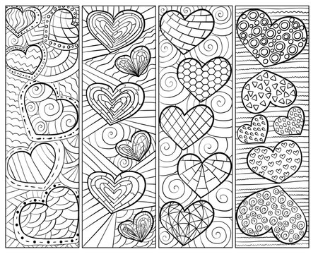 set of coloring bookmarks with doodle patterns, outline design with hearts and fantasy lines