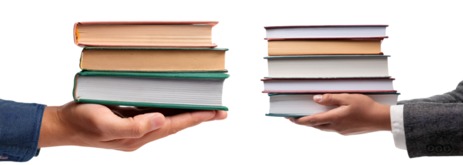 Hands exchanging books, representing knowledge transfer and collaboration.
