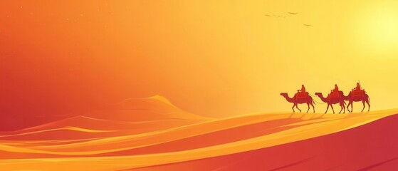 Camel Caravan Journey Through Desert at Sunset in Warm Colors