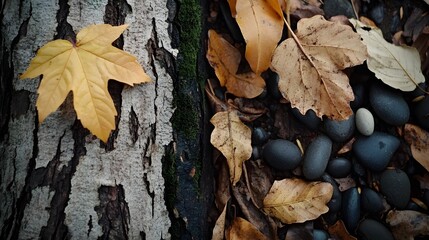 Autumn Leaves Tree Bark Stones Nature Background