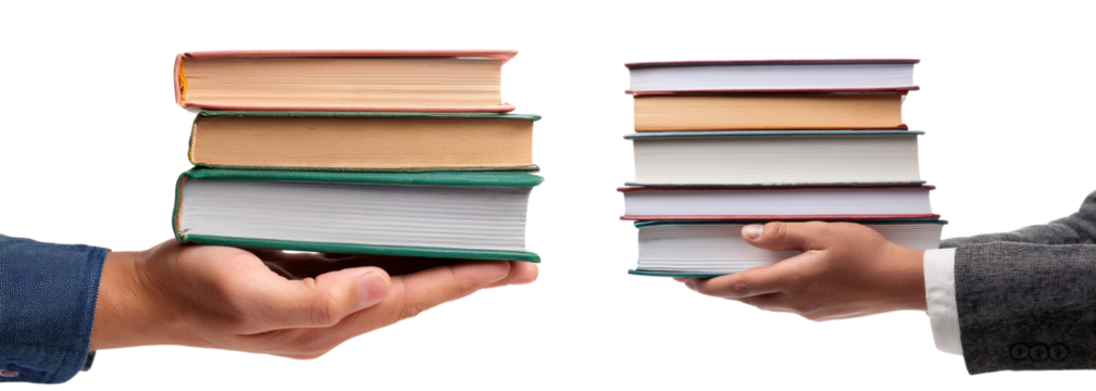 Hands exchanging books, representing knowledge transfer and collaboration.