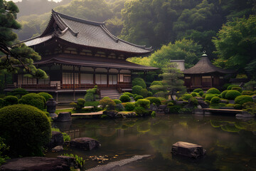 Fototapeta premium Serene Zen Monastery: Embracing Timeless Tranquility Amidst Nature’s Harmony