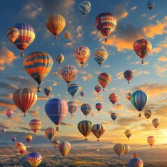 Obraz premium A Breathtaking View of Cappadocia: Dozens of Hot Air Balloons Ascend at Sunrise Over a Quaint Town, Creating a Stunning Scene