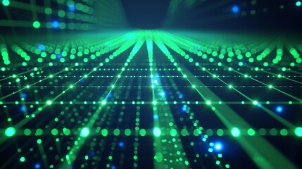 Obraz premium Abstract perspective grid with glowing green dots. Futuristic technology, virtual reality concept.