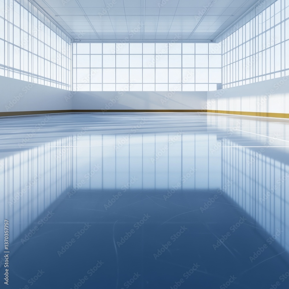 Poster a light-filled ice rink: an expansive indoor ice rink bathed in natural light from large windows and