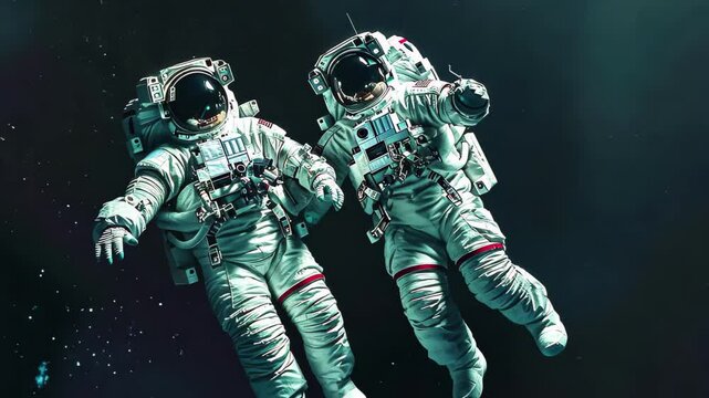 Two astronauts float in the dark expanse of space, engaged in a spacewalk amidst a backdrop of stars and cosmic phenomena, showcasing human exploration beyond Earth.
