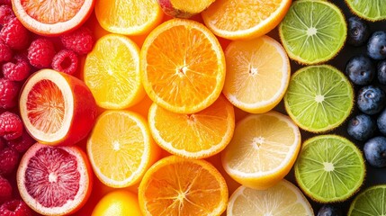 A colorful assortment of fruit, including oranges, lemons, and blueberries. Concept of freshness and abundance, as the various fruits are arranged in a visually appealing manner