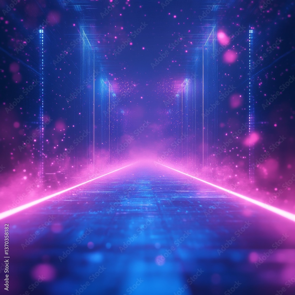 Poster cybernetic pathway: a futuristic corridor illuminated by neon glows and digital particles, leading t