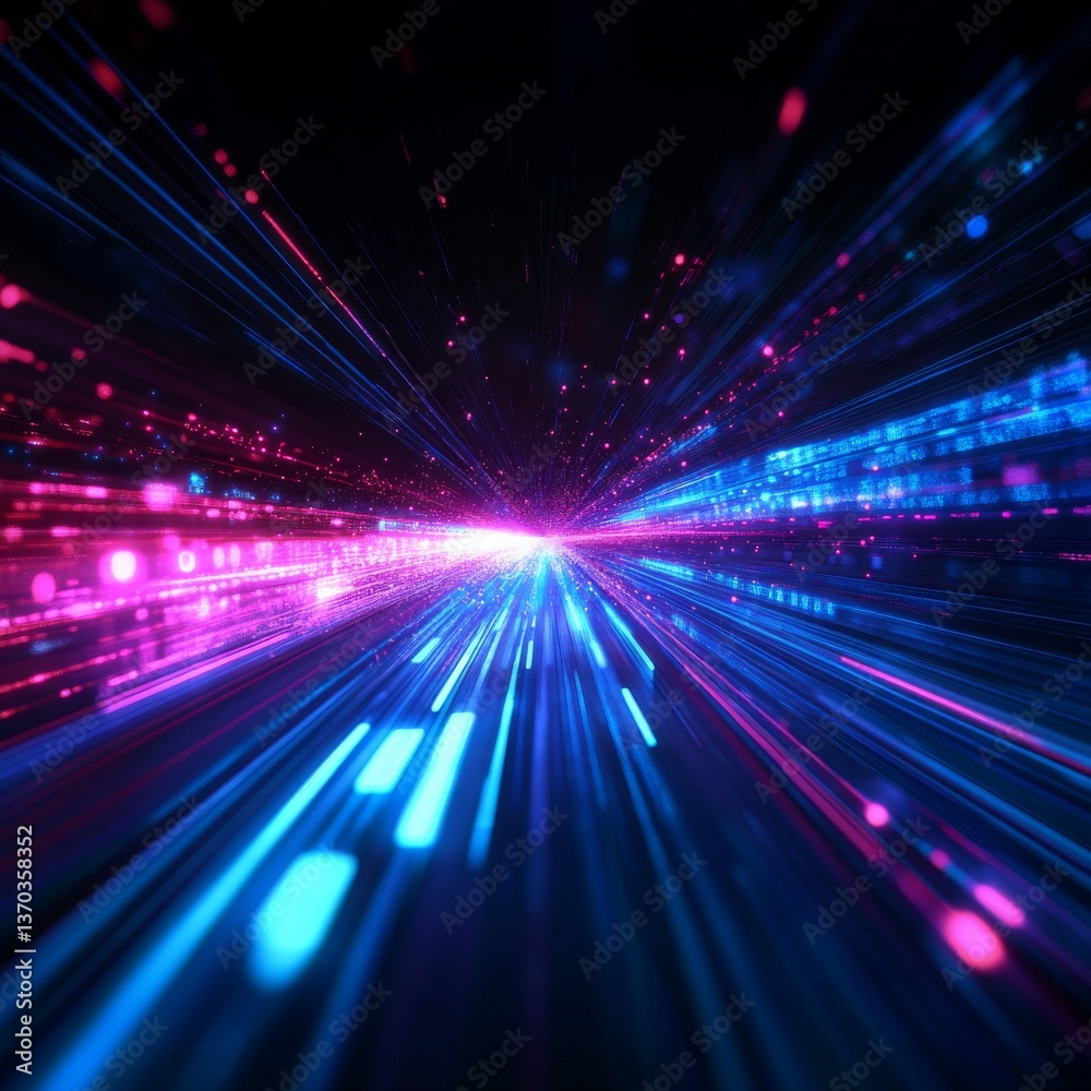 Poster Cyberpunk Speed: Abstract Light Trails in Pink and Blue, a Futuristic Journey Through Data Streams