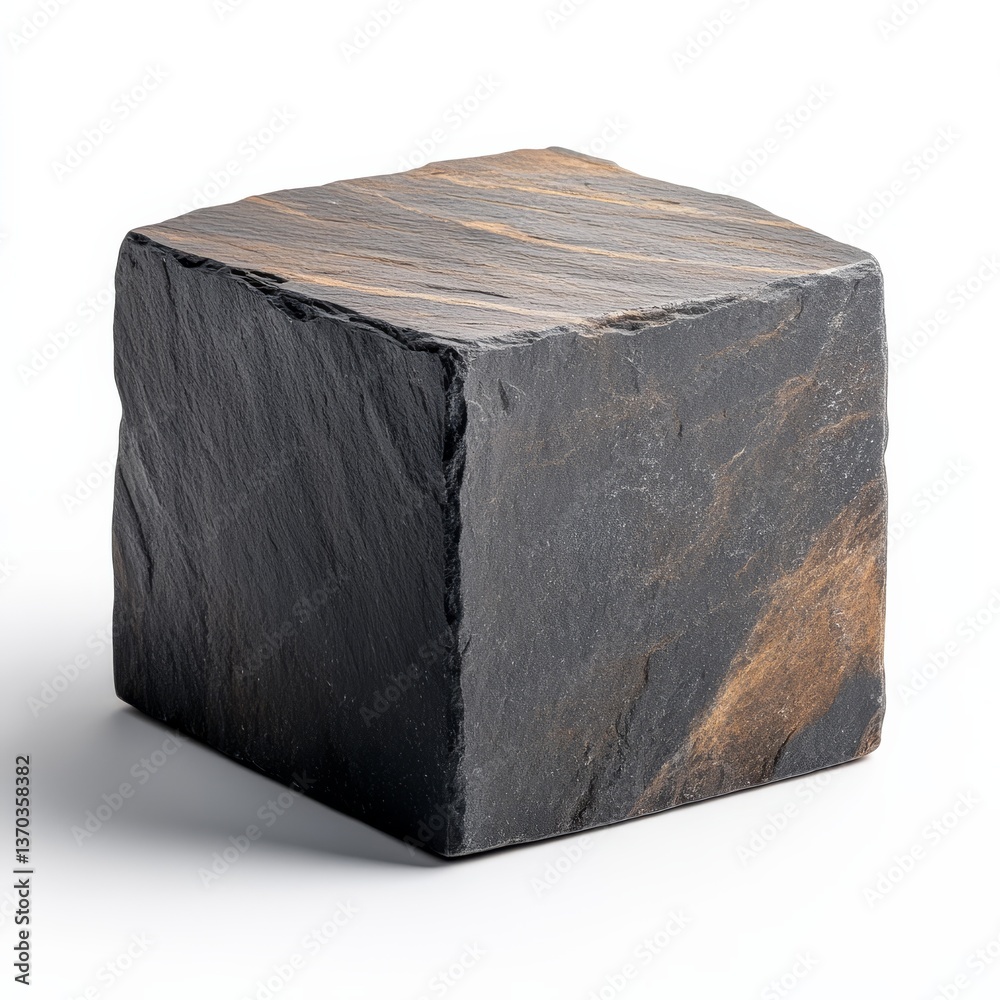 Poster Dark Stone Cube on White Background - Studio Shot of a Rough Textured Block for Product Placement or Presentation.