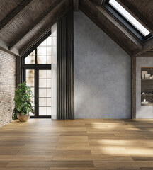 Obraz premium Dark rustic living room with high ceilings, concrete walls, and comfy furniture, 3d rendering 